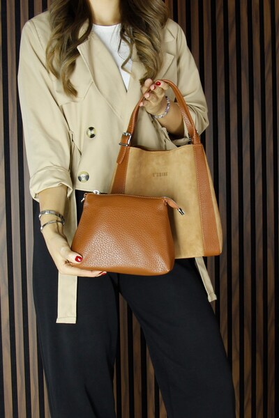 Erkan Saçmacı Tan Genuine Cowhide Suede Magnetic Closure Large Size Daily Shoulder Bag and Handbag with Strap