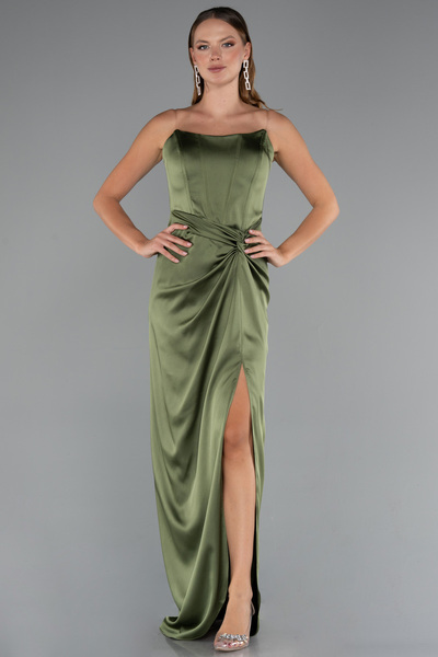 Abiyefon Haki Straplez Balen Korse Yırtmaçlı Uzun Saten Abiye ABU3474