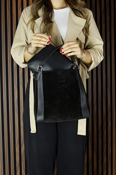 Erkan Saçmacı Black Genuine Cowhide Suede Magnetic Closure Large Size Daily Shoulder Bag and Handbag with Strap