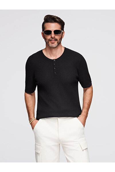 OMBRE Ανδρικό πλεκτό μπλουζάκι με κουμπιά στη λαιμόκοψη - μαύρο V2 OM-TSCT-0254 XL