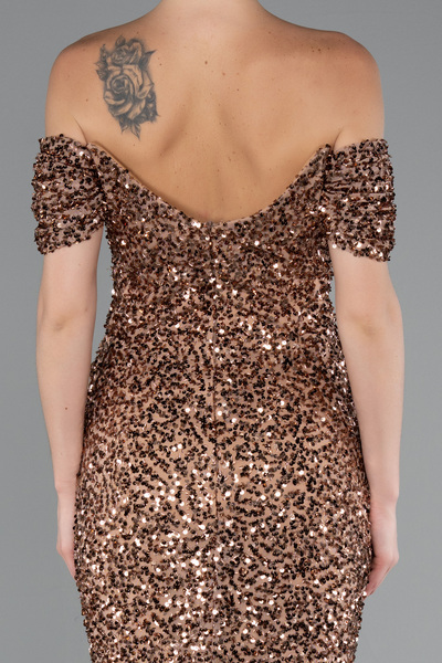 Abiyefon Bakır Kayık Yaka Uzun Pullu Balık Abiye Elbise ABU4906