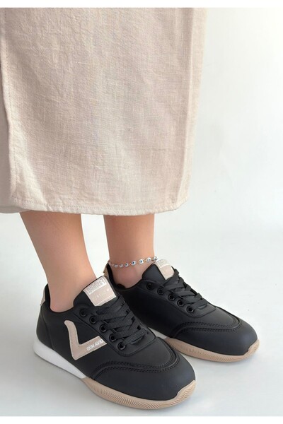 FTT SHOPPING MARKET Jowen Black Leather Beige Detailed Lace-Up Sneakers