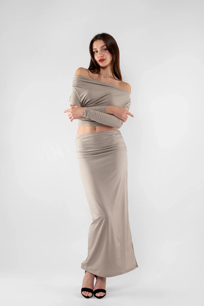 Bak Moda Gray Suit with Half-Shoulder Slit Detail and Gathered Sandy Fabric Skirt