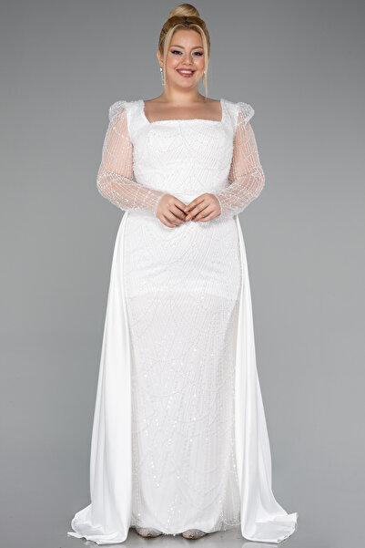 Abiyefon Ekru Taşlı Uzun Kol Saten Kuyruklu Büyük Beden Abiye ABU4761