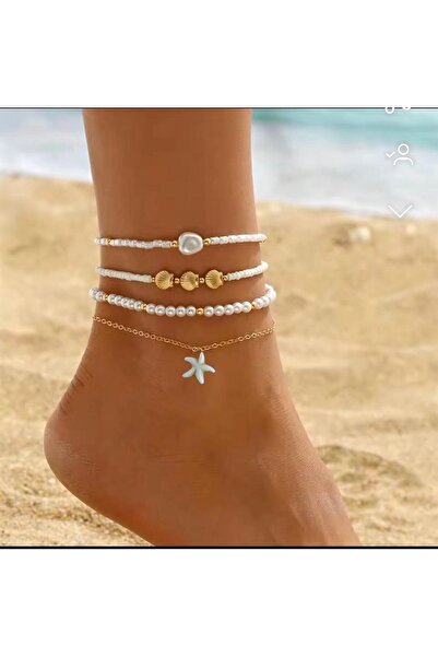 Arescollection 4 lü deniz yıldızlı incili zincirli gold midye detaylı şık halhaa