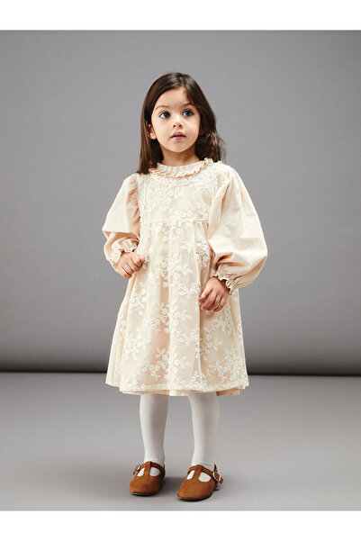 LC Waikiki Bej Bisiklet Yaka Çiçekli Kız Bebek Elbise