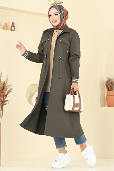 Weak Blue Long Trench Coat with Elastic Sleeves