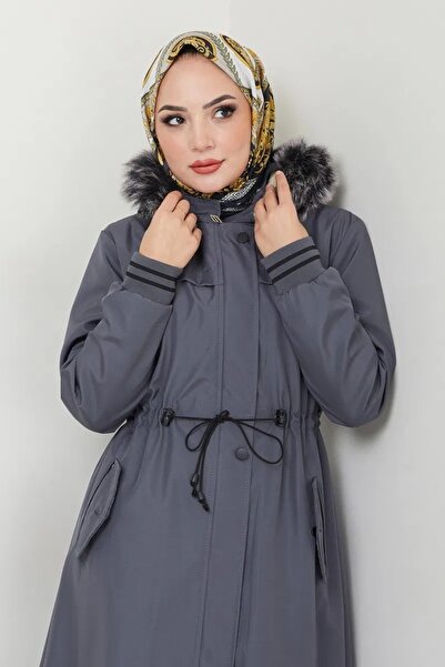 Weak Blue Long trench coat with fur lining and fur cuffs