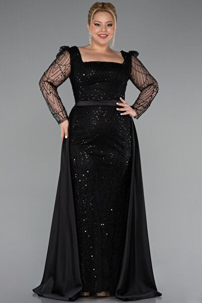 Abiyefon Siyah Taşlı Uzun Kol Saten Kuyruklu Büyük Beden Abiye ABU4761