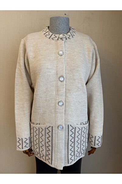 TİRİTEK Knitwear Plus Size Crew Neck Cardigan / Cream Mink