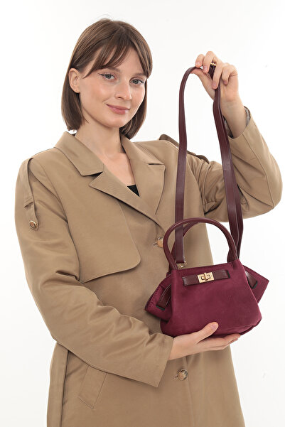 besmoda Women's Burgundy Suede Lock Detail Shoulder Strap Hand and Shoulder Bag