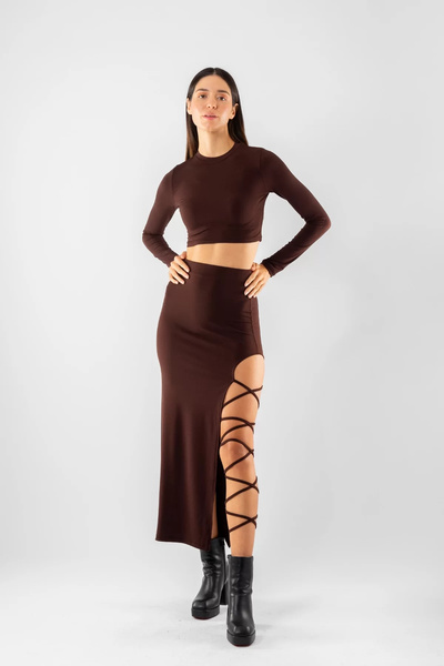 Bak Moda Basic Brown Skirt Suit with Slit Detail and Tie