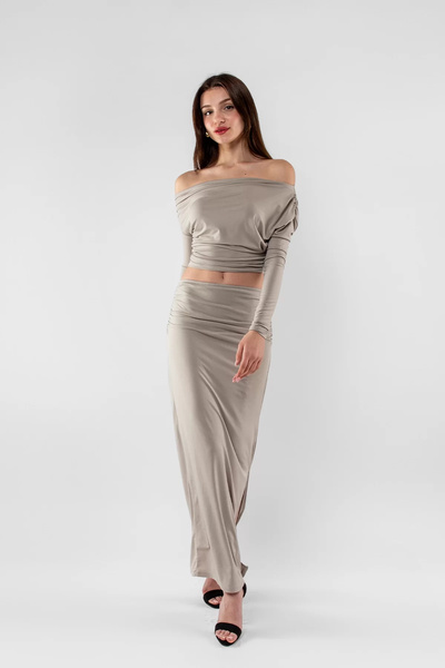 Bak Moda Gray Suit with Half-Shoulder Slit Detail and Gathered Sandy Fabric Skirt