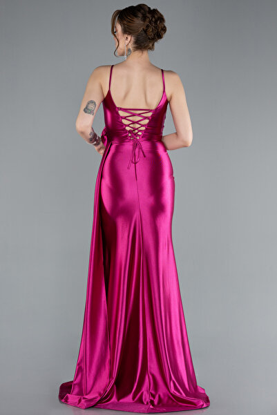 Abiyefon Fuşya Bacak Dekolteli Uzun Saten Mezuniyet Elbisesi ABU4814