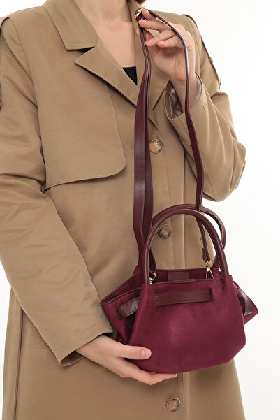 besmoda Γυναικεία τσάντα χειρός και ώμου με λουράκι ώμου με λεπτομέρεια από μπορντό σουέντ