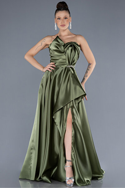 Abiyefon Haki Straplez Bacak Dekolteli Uzun Saten Abiye ABU4561