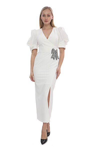 MODAMOR White V-Neck Balloon Sleeve Stone Bow Detail Maxi Dress