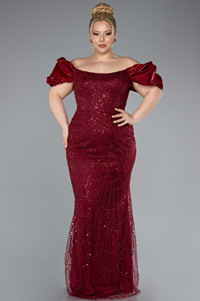 Abiyefon Bordo Kısa Kol Boncuklu Uzun Büyük Beden Abiye ABU4788