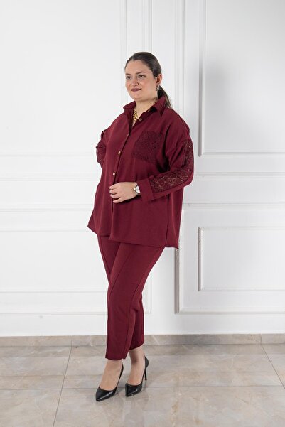 Bedrinxxl Kadın Büyük Beden Dantel Detaylı Düğmeli Gömlek Pantolon Takım Şık ...