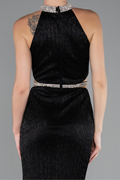 Abiyefon Siyah Halter Yaka Bacak Dekolteli Uzun Simli Abiye ABU4324