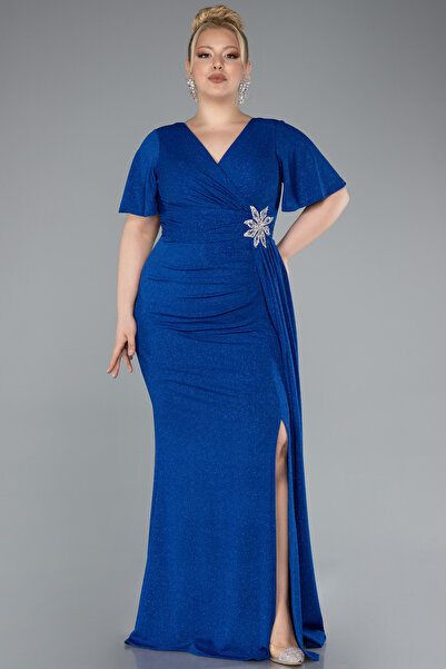 Abiyefon Saks Mavi Kısa Kol Yırtmaçlı Uzun Simli Büyük Beden Abiye ABU3645