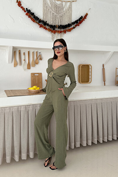 MİROR Women's Khaki Modern Design Buckle Double-Breasted Blouse & Wide-Leg Pants Set
