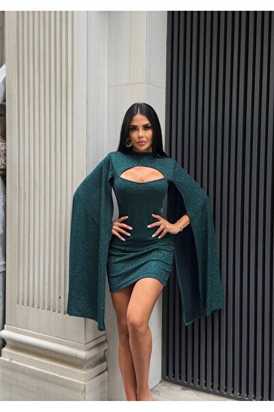 limited black İthal Simli Kumaş Astarlı Omuz Vatka Kol Detay Elbise