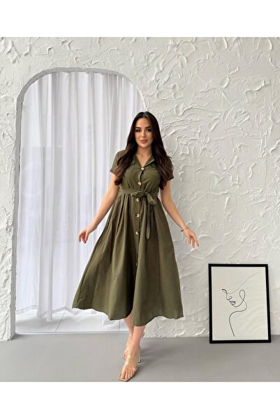 UMSA MODA KRUVAZE YAKA KISA KOL MİDİBOY GÖMLEK ELBİSE HAKİ