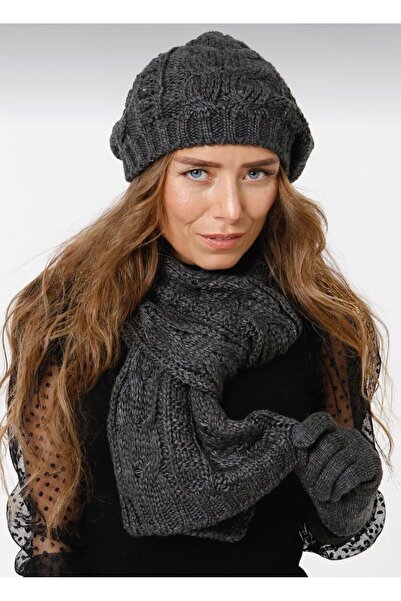 rushana Women's Three-Piece Set Knit Beanie Scarf and Gloves (Color Anthracite)