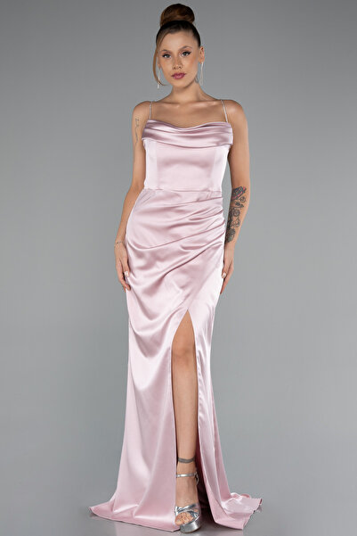 Abiyefon Pudra Bacak Dekolteli Göğüs Drapeli Uzun Saten Abiye ABU5149