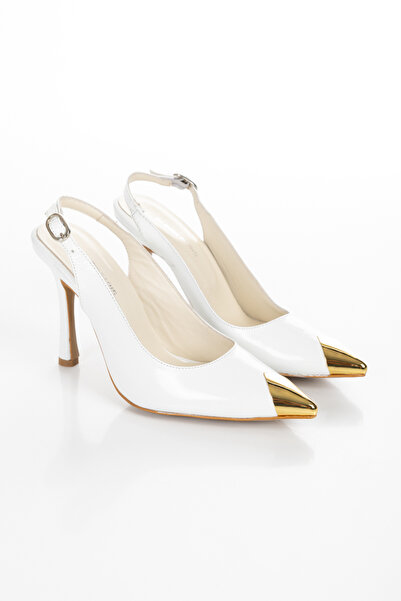 PASSAGE SHOES Women's Leather Metal Detailed Heeled Shoes 3103 White Crinkled Patent Leather