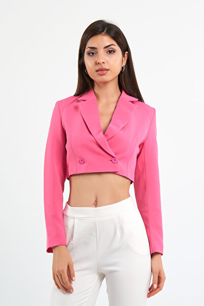 Bukamiss Jachetă crop blazer roz pentru femei