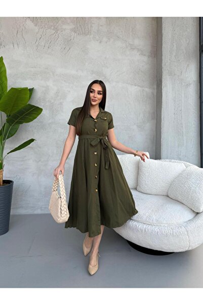 UMSA MODA KRUVAZE YAKA KISA KOL MİDİBOY GÖMLEK ELBİSE HAKİ