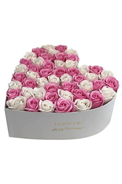 velve Aranjament floral Miracle Love cutie inima cu trandafiri sapun, Alb-roz,