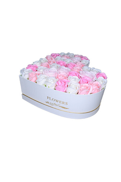 velve Aranjament floral Miracle Love cutie inima cu trandafiri sapun, alb roz...