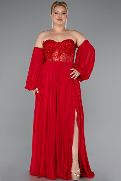 Abiyefon Kırmızı Straplez Balen Korse Şifon Büyük Beden Abiye ABU5309