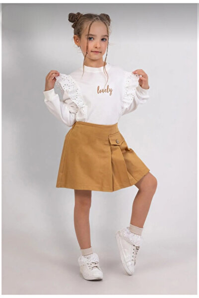 Dmb Girl's Lace Embroidery Decoration Sweat Blouse Elastic Waist Woven Gabardine Shorts Skirt Set