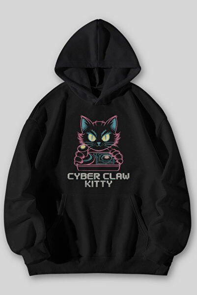 Harmandar Cyber Claw Kitty Printed Unisex Black Gray Kangaroo Pocket Hooded S...