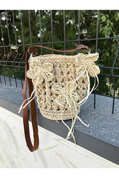 By G Tasarım Straw Color Paper String Knitted Flower Bag