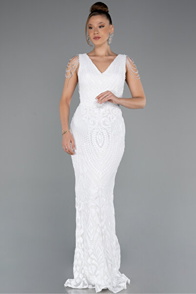 Abiyefon Ekru V Yaka Uzun Pullu Balık Abiye ABU3842