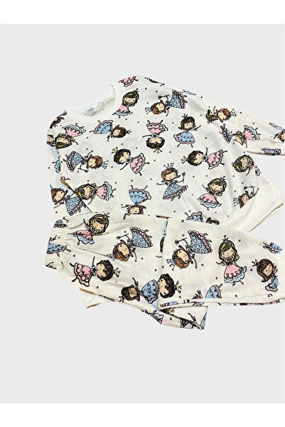 ALİŞ KİDS Σετ εποχιακής πιτζάμας με μακρυμάνικο μοτίβο για κορίτσια από βαμβακερό λευκό πριγκίπισσα