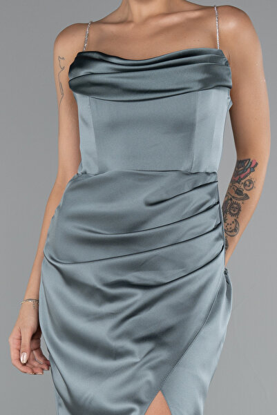 Abiyefon Firuze Bacak Dekolteli Göğüs Drapeli Uzun Saten Abiye ABU5149