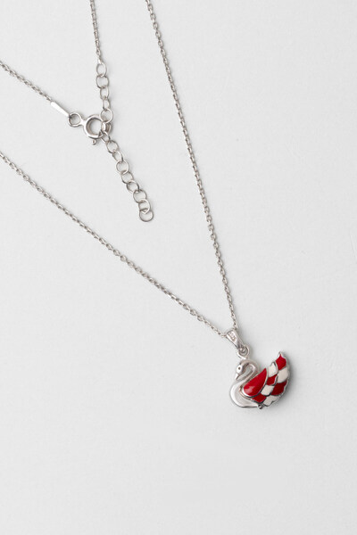 So CHIC... Kırmızı Kuğu 18 Ayar Beyaz Altın Kaplama 33 Cm Gümüş Çocuk Kolye