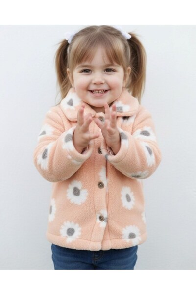 Ege Bebek Girl's Floral Printed Plush Cardigan 1.5-2-3-4-5-6 Years Old Winter Fleece Jacket
