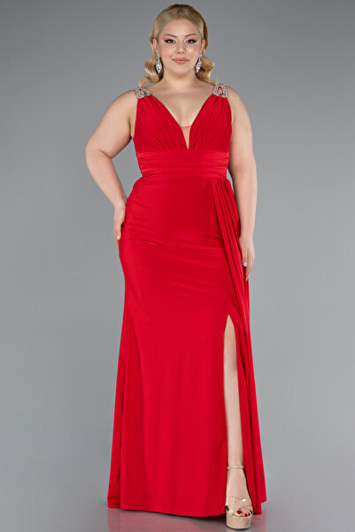 Abiyefon Kırmızı Kolsuz V Yaka Yırtmaçlı Uzun Büyük Beden Abiye ABU4968