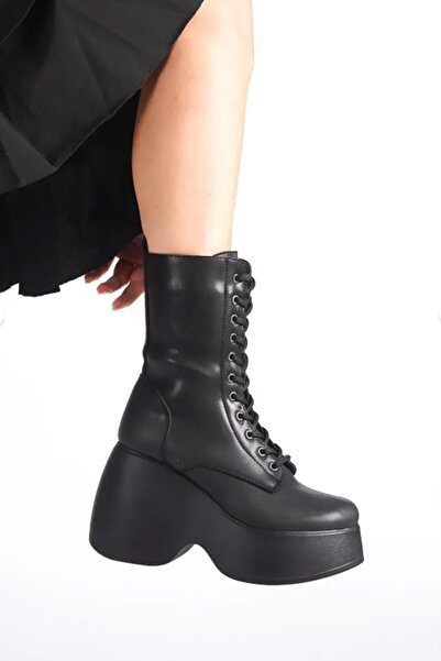 Preshley Γυναικείες μπότες Riva μαύρες με φερμουάρ στο πλάι με κορδόνια με ψηλό τακούνι με σφήνα