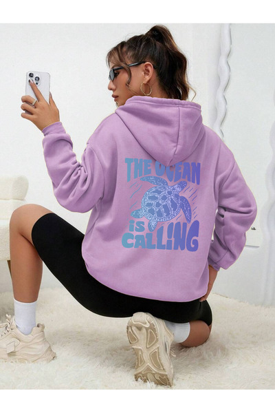 uyguntarz Unisex the Ocean Is Calling Printed Design Oversize Sweatshirt