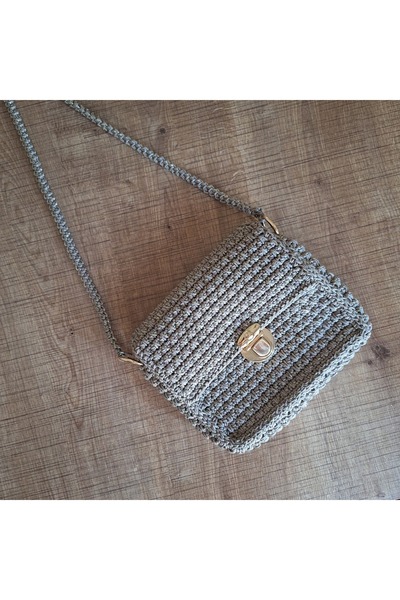 TUAN AKSESUAR Simli Makrome İpten Gold Detaylı El Örgüsü Şık Çanta (Astarsızdır)