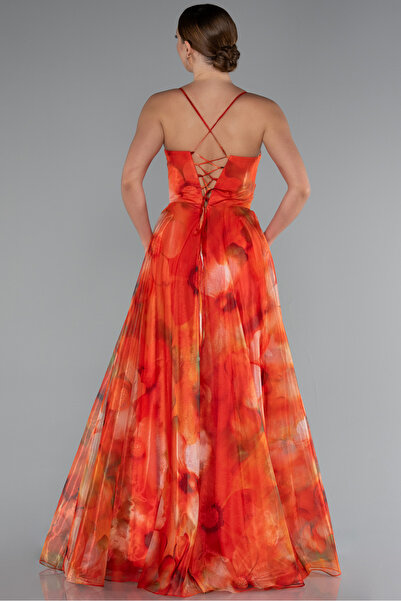 Abiyefon Orange Bacak Dekolteli Uzun Empirme Mezuniyet Elbisesi ABU5053