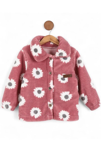 Ege Bebek Girl's Floral Printed Plush Cardigan 1.5-2-3-4-5-6 Years Old Winter Fleece Jacket